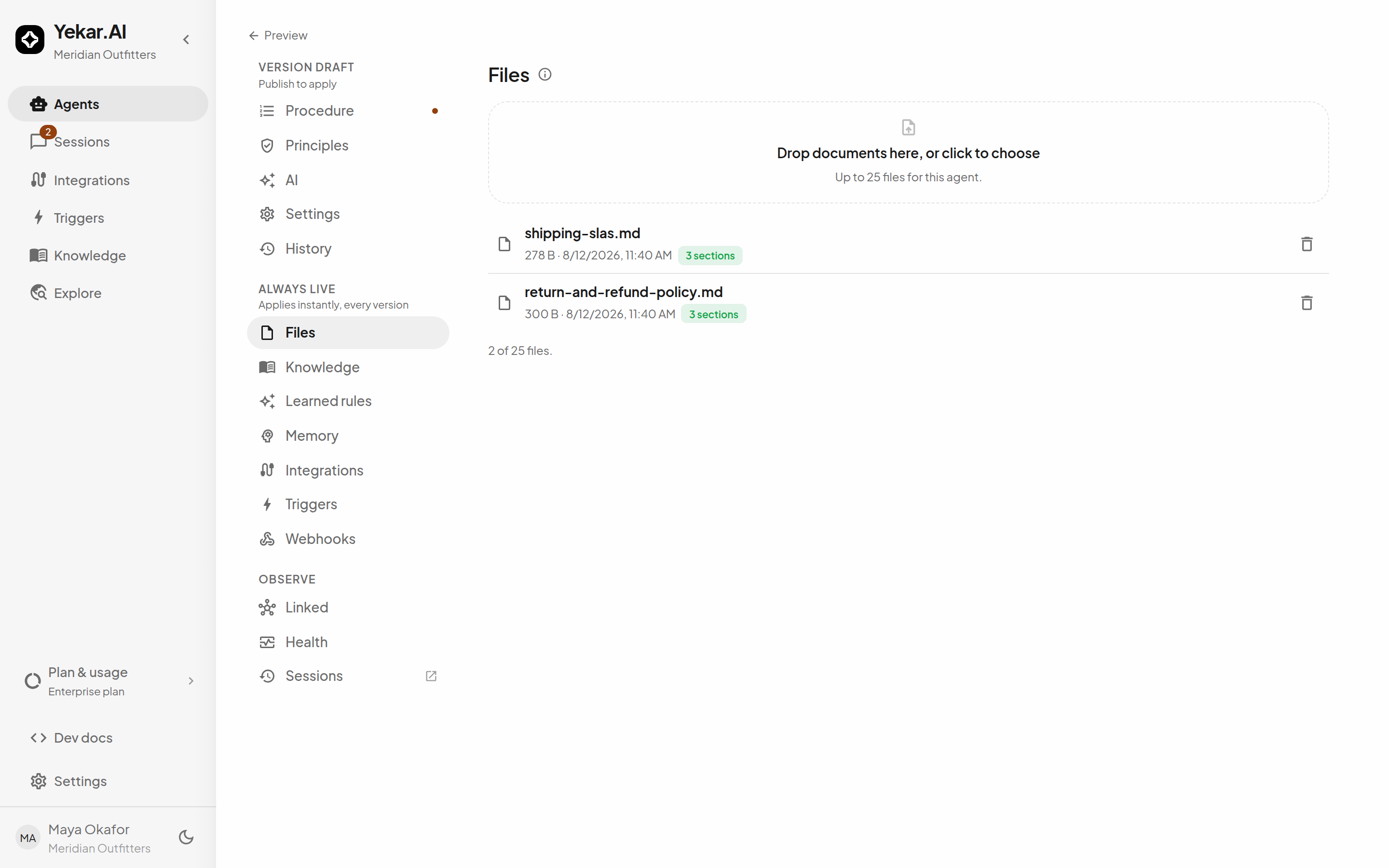 The Knowledge drawer's Files tab: two markdown policy files, each extracted into sections