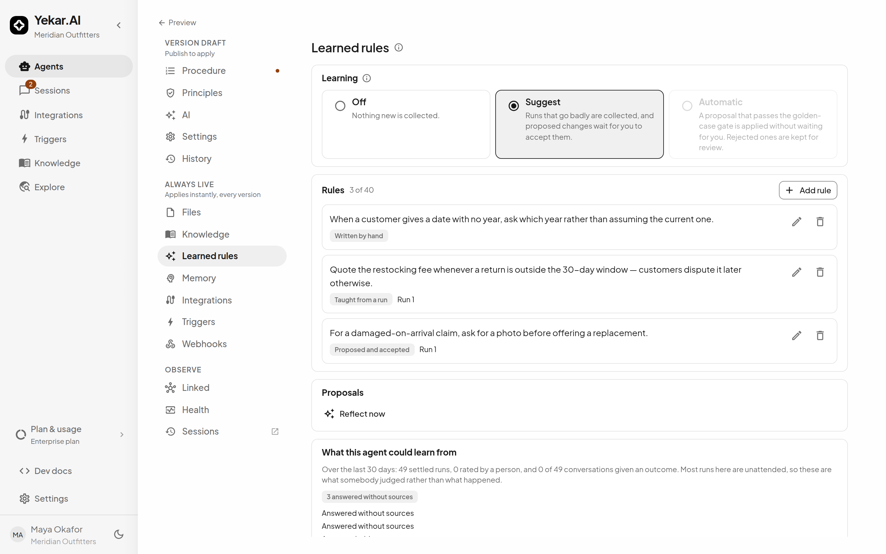The Knowledge drawer's Learned rules tab: the Learning setting, three rules each labelled Written by hand, Taught from a run or Proposed and accepted, and the Reflect now control