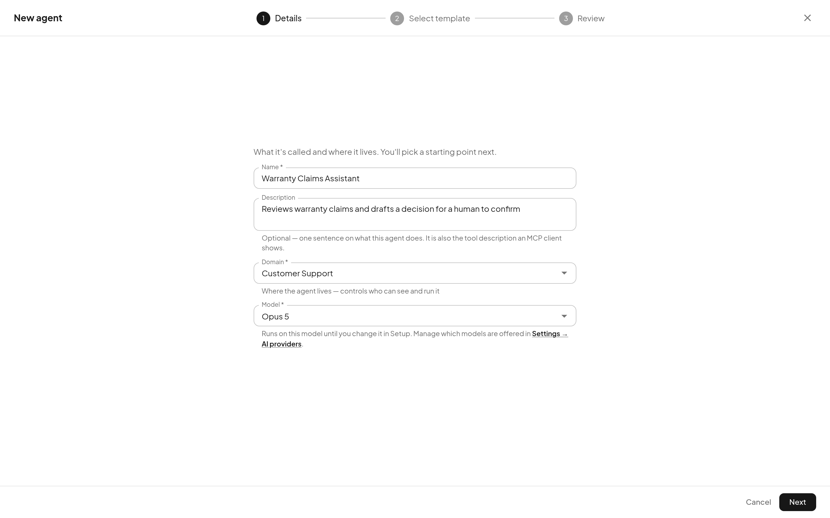 The New agent stepper: name, description, domain and model, with Select template and Review still ahead