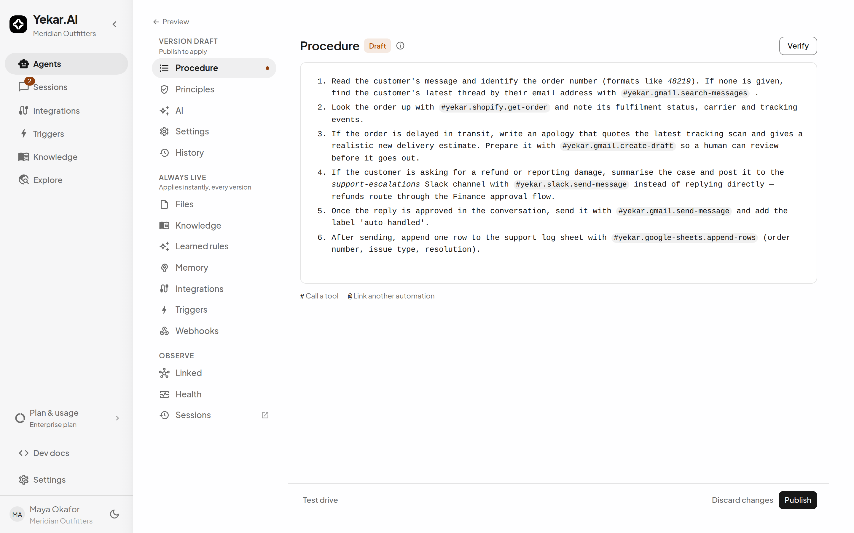 The Setup panel with an ordered, tool-referencing procedure and the draft state in the footer