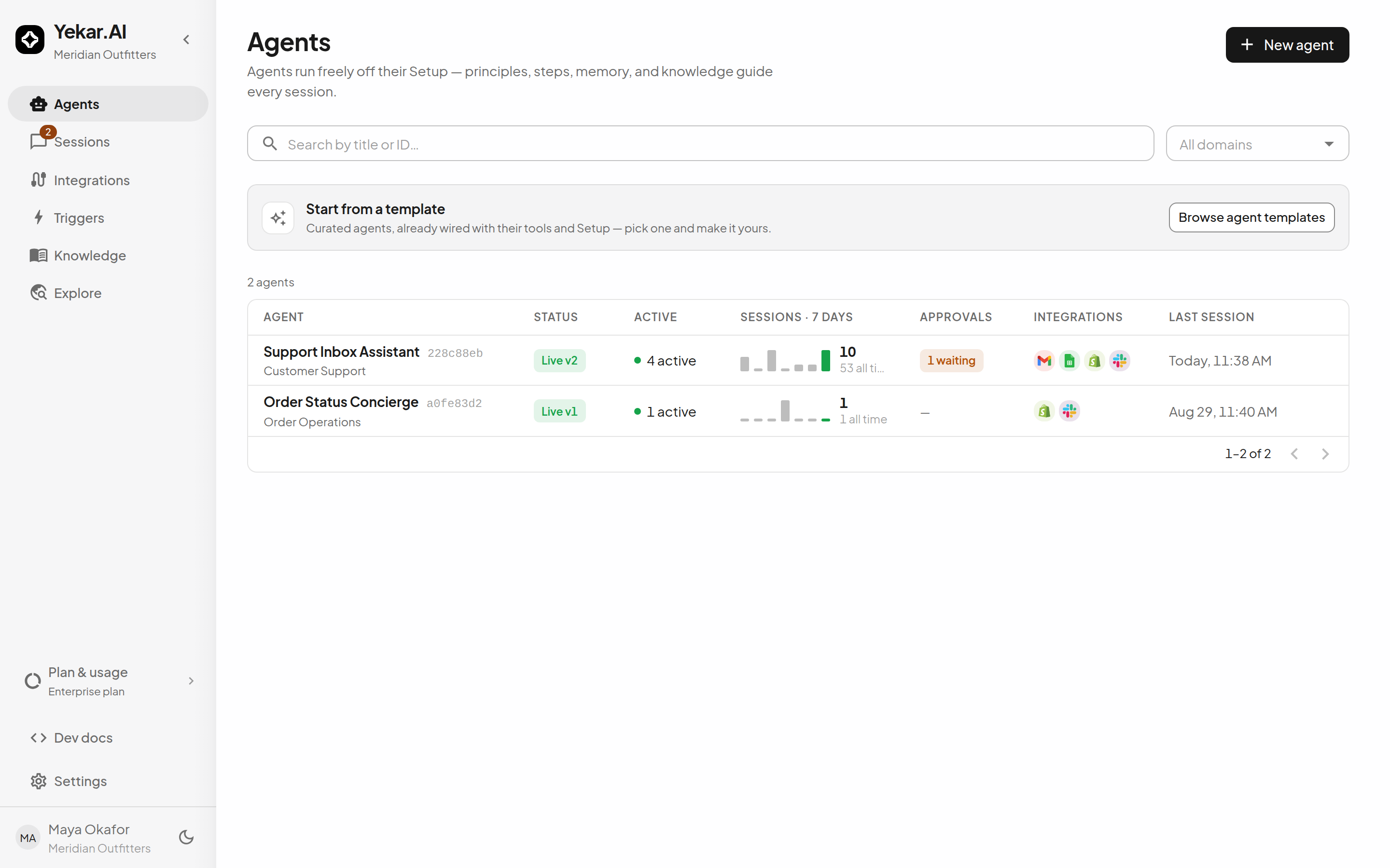 The Agents list, with each agent's integrations, session counts, live version, and domain