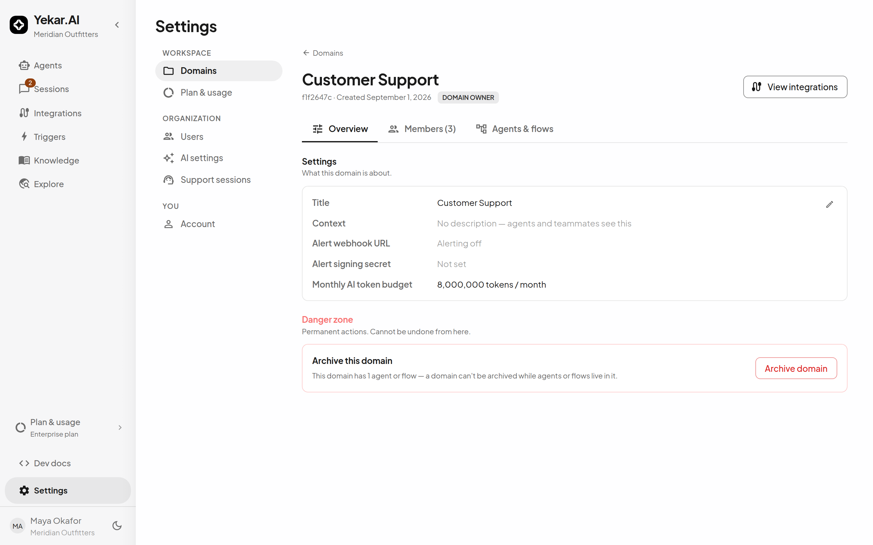 A domain's page: its members, agents, team-account connections and budget