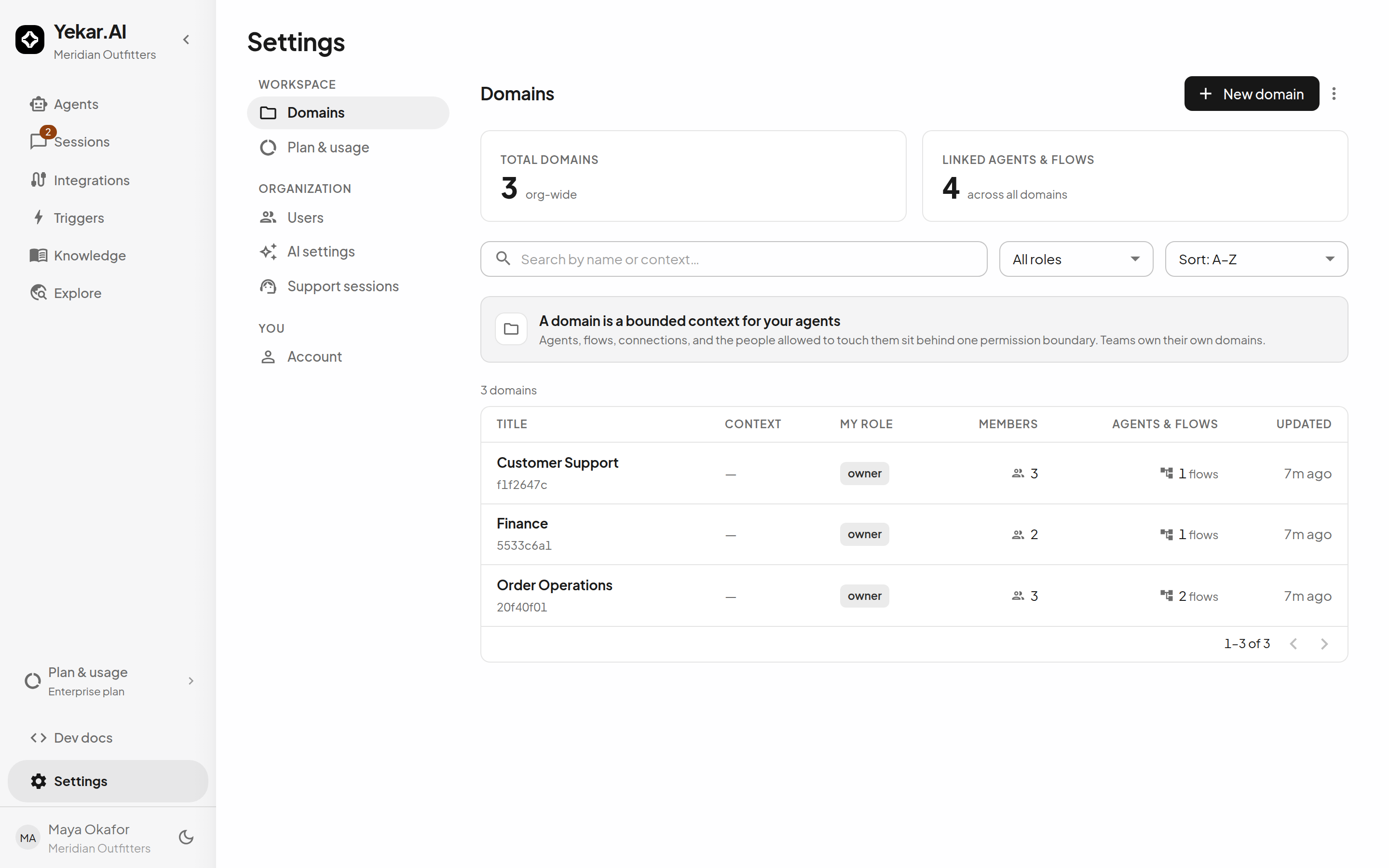 Settings → Domains: each domain with its members, agents and flows, and your role