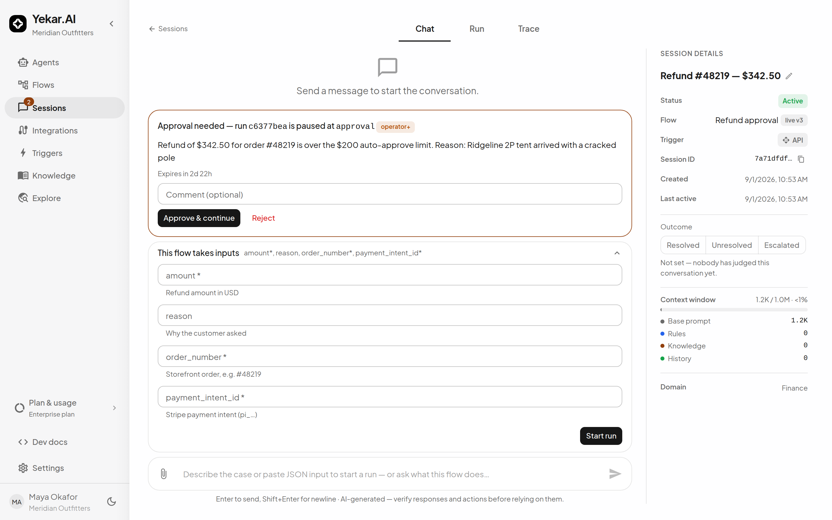 A flow run's session: the Run view with each step, its result, and the data that reached it
