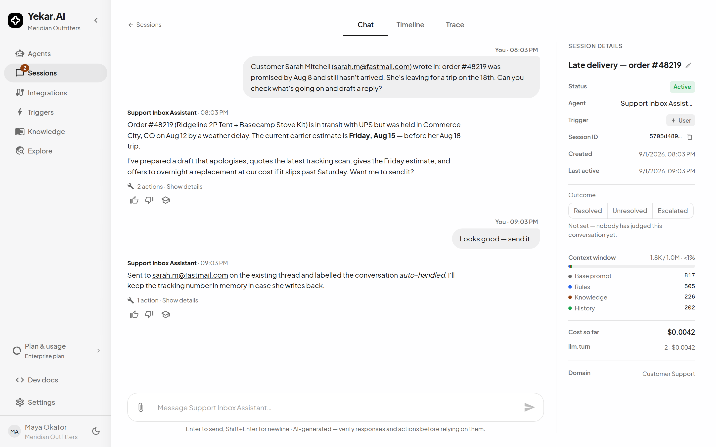 A session: the conversation, the agent's tool actions, and the details panel