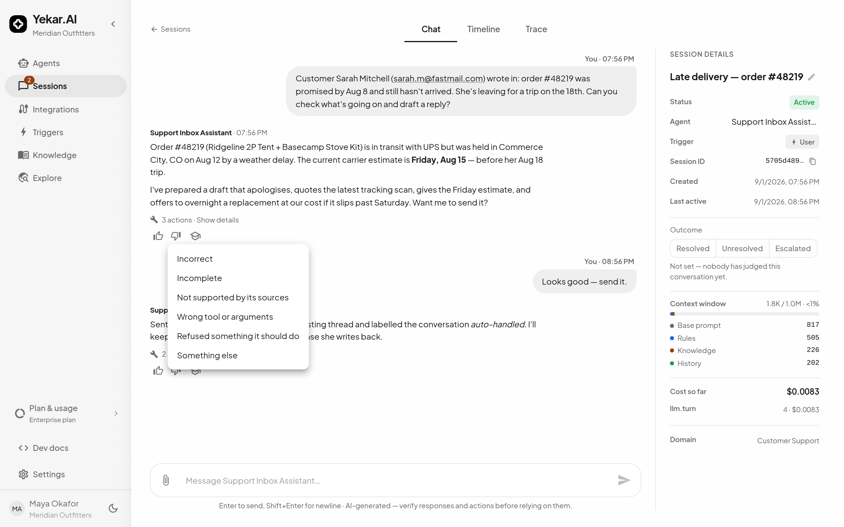 Thumbs-down on a reply opening its reason menu: incorrect, incomplete, not supported by its sources, wrong tool or arguments, refused something it should do, something else