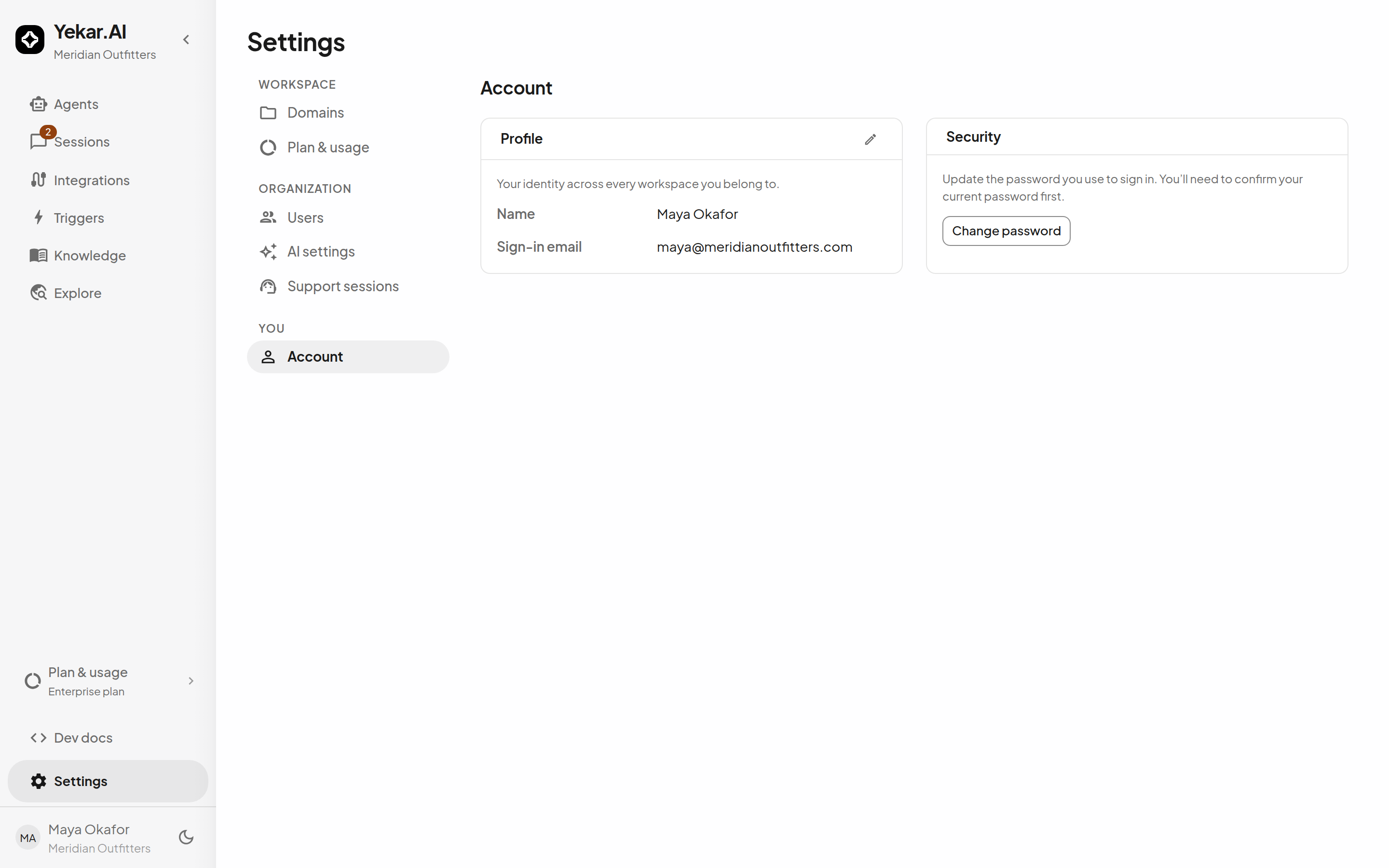 Account settings: profile, password, sign-in email, and the workspaces this account belongs to