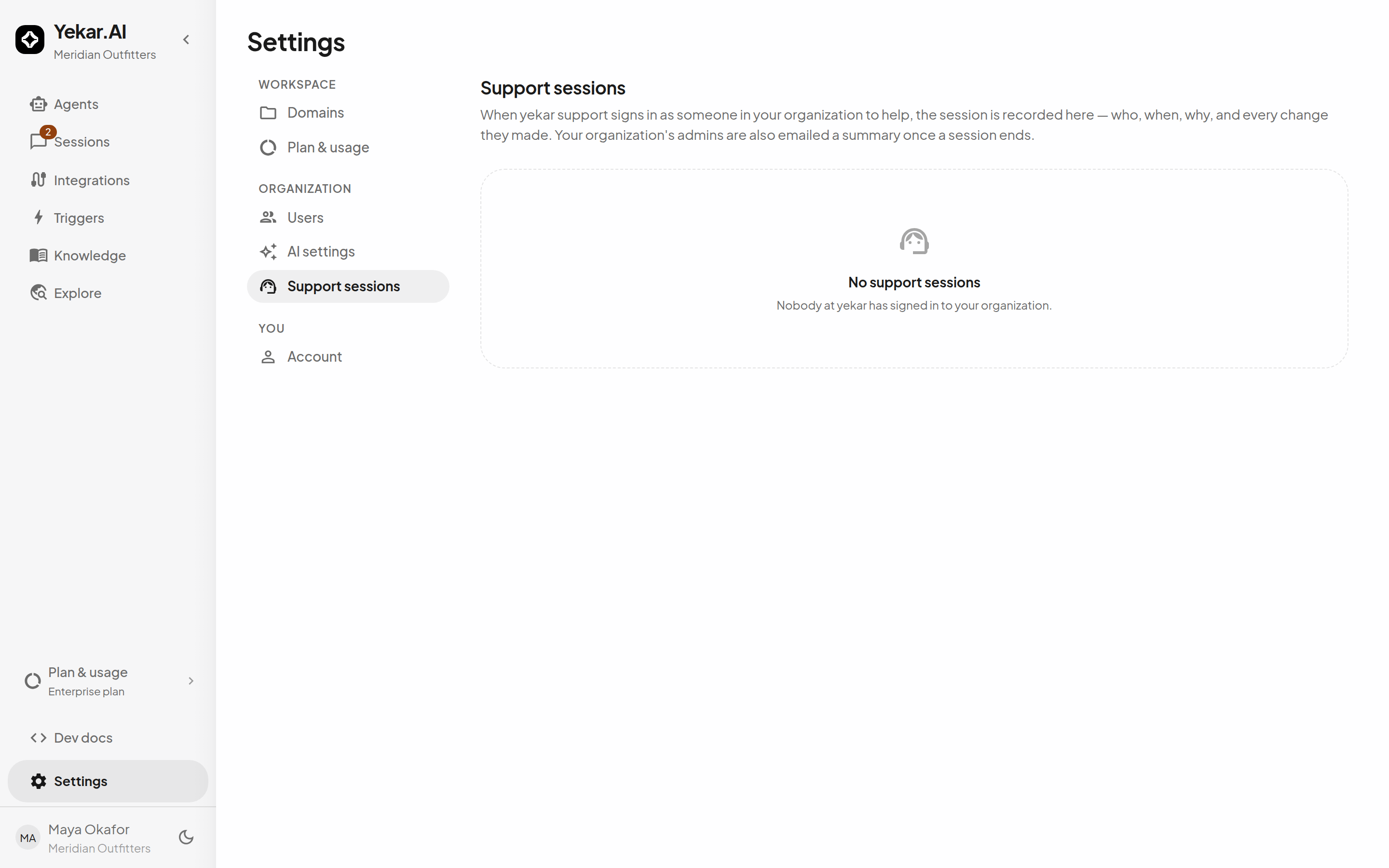 Support sessions: each granted Yekar.AI support session with its mode, window, and status