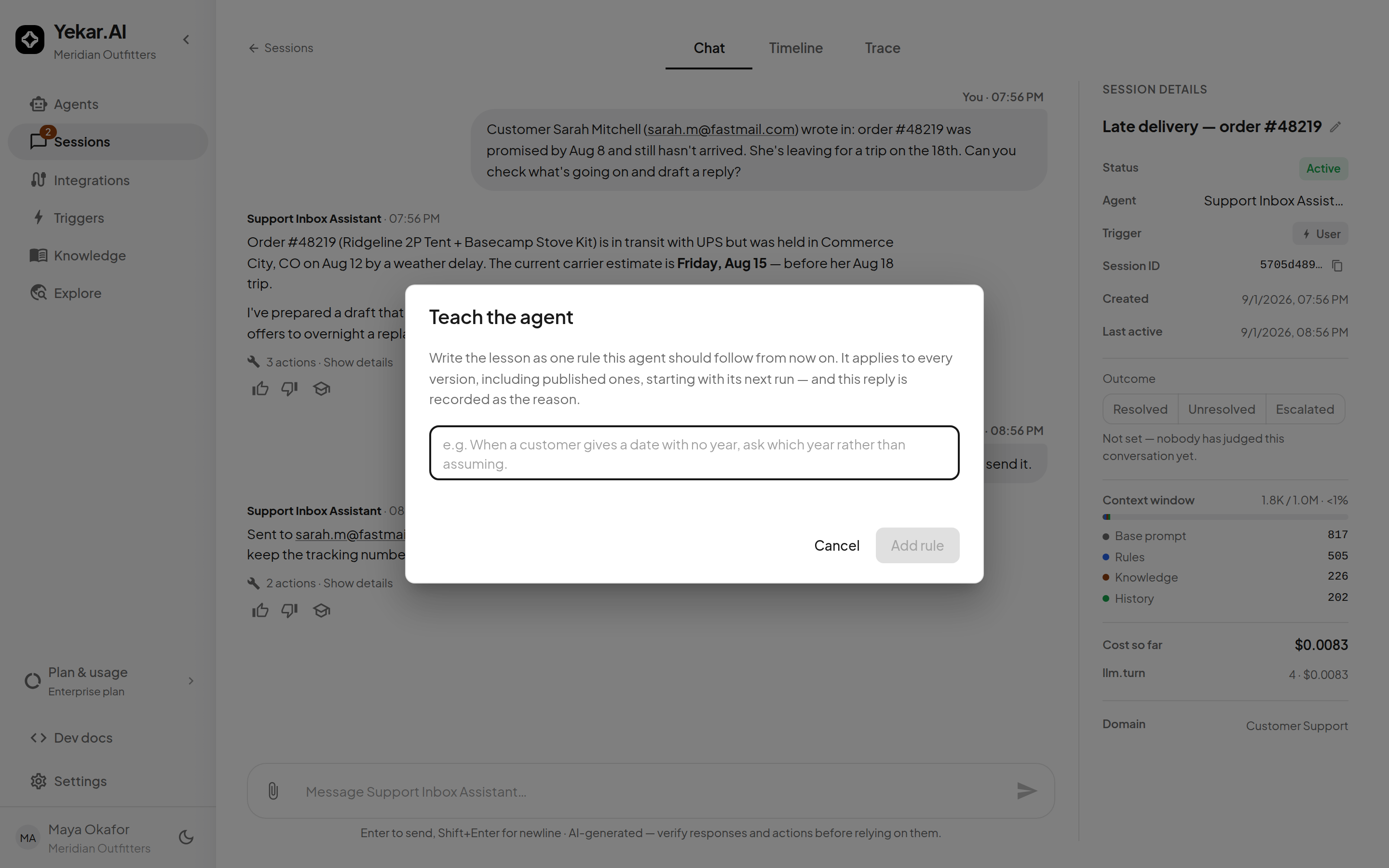 The Teach the agent dialog beside a reply: one rule, applied from the next run, with this reply recorded as its evidence